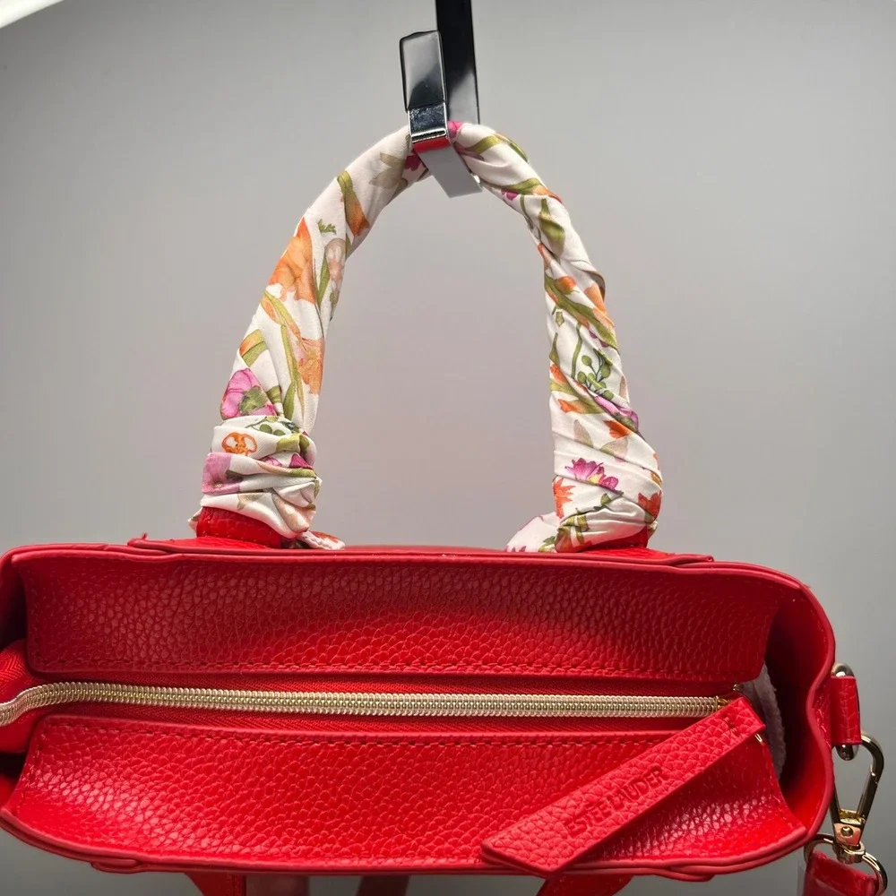 Red Pebbled Leather‎ Tote Bag with Floral Scarf Top Handle Detachable Strap